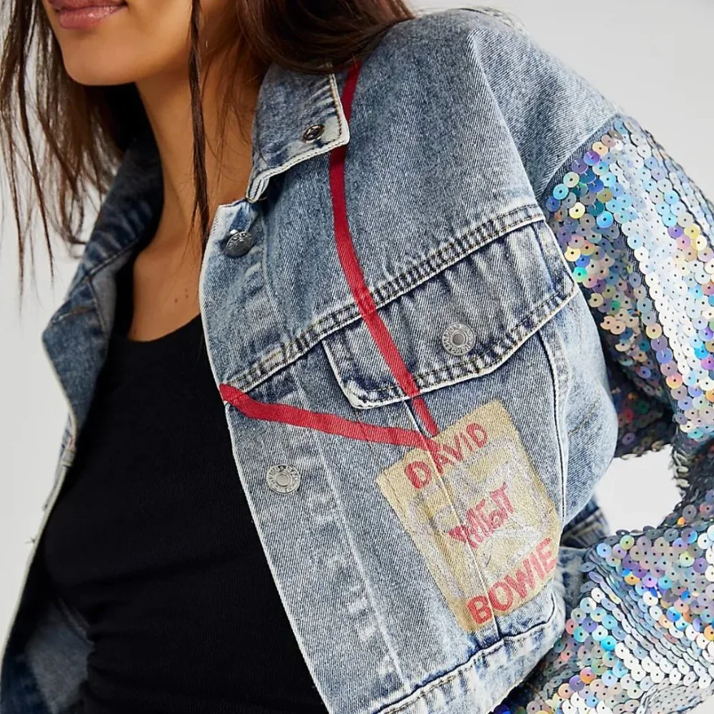 NWT Free People x Wren + Glory David Bowie Sequin Denim Jacket | OS - Picture 8 of 12